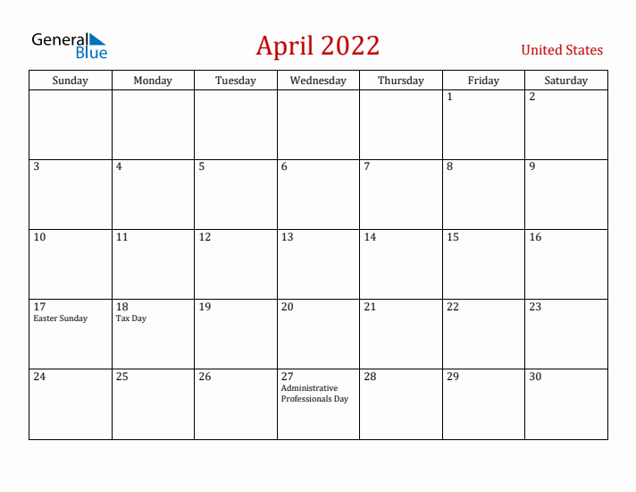 United States April 2022 Calendar - Sunday Start