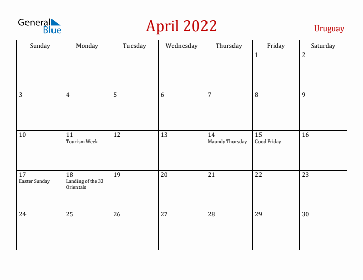 Uruguay April 2022 Calendar - Sunday Start