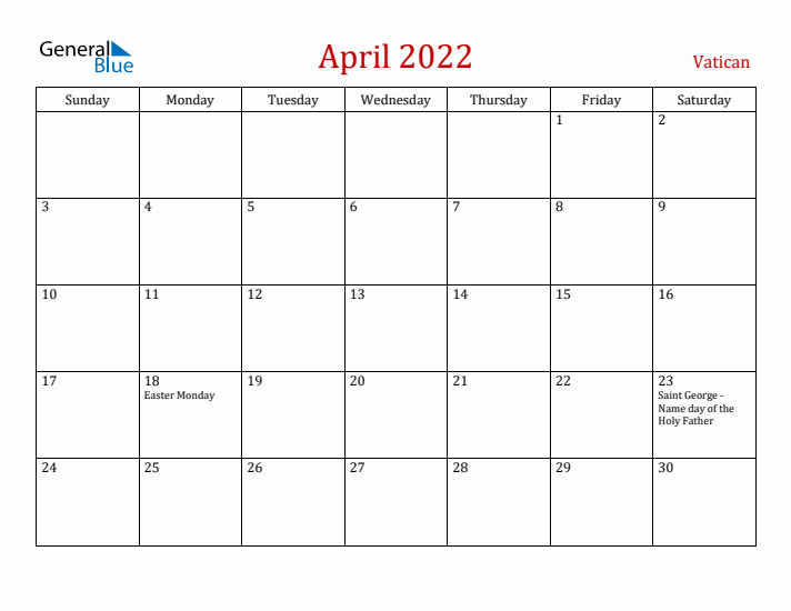 Vatican April 2022 Calendar - Sunday Start