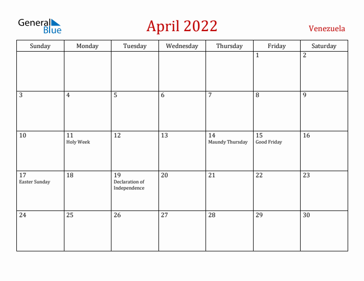 Venezuela April 2022 Calendar - Sunday Start
