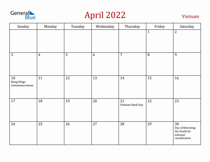 Vietnam April 2022 Calendar - Sunday Start
