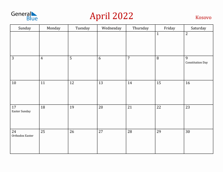 Kosovo April 2022 Calendar - Sunday Start
