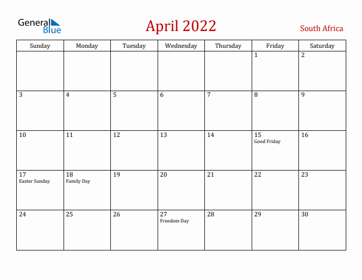 South Africa April 2022 Calendar - Sunday Start