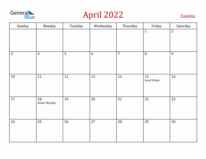 Zambia April 2022 Calendar - Sunday Start