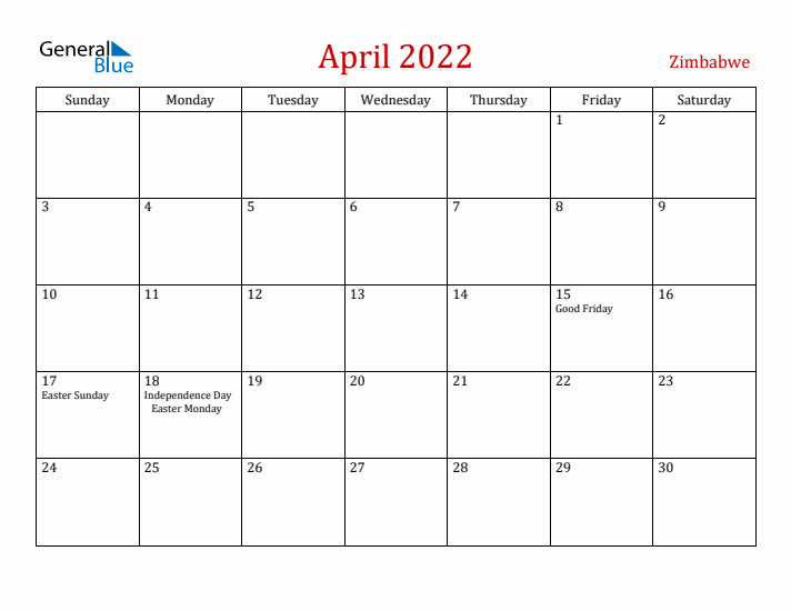 Zimbabwe April 2022 Calendar - Sunday Start