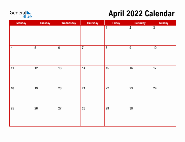 Simple Monthly Calendar - April 2022