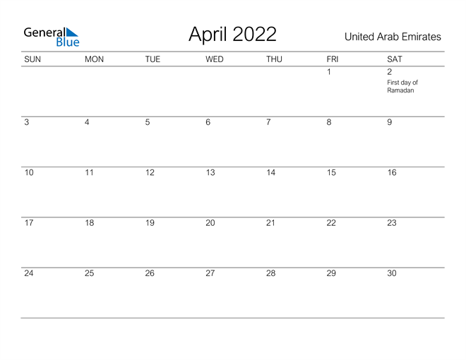 Printable April 2022 Calendar for United Arab Emirates