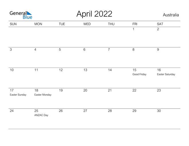Printable April 2022 Calendar for Australia