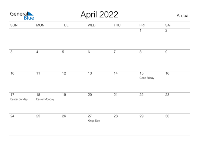 Printable April 2022 Calendar for Aruba
