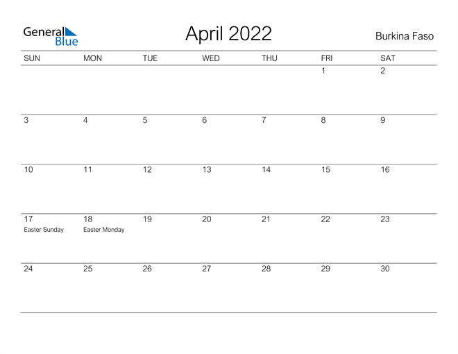 Printable April 2022 Calendar for Burkina Faso