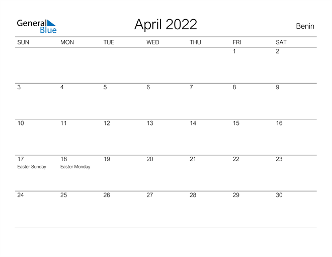 Printable April 2022 Calendar for Benin