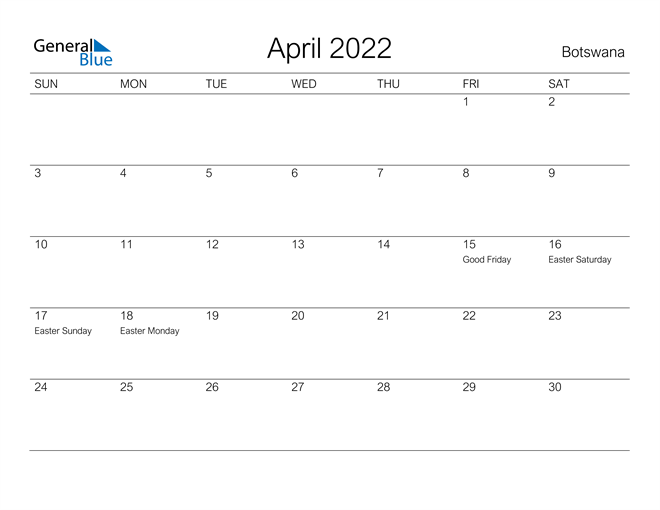 Printable April 2022 Calendar for Botswana