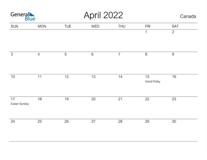 canada april 2022 calendar with holidays