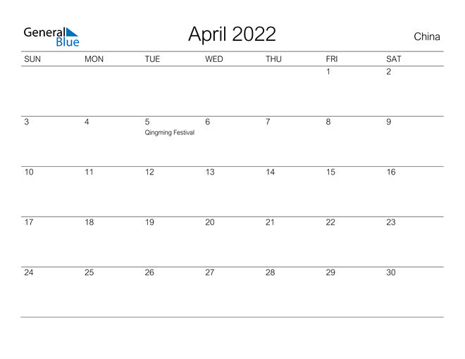Printable April 2022 Calendar for China