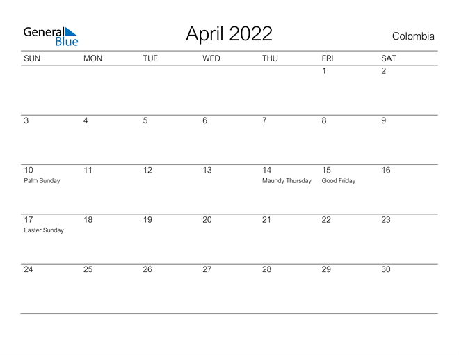 Printable April 2022 Calendar for Colombia
