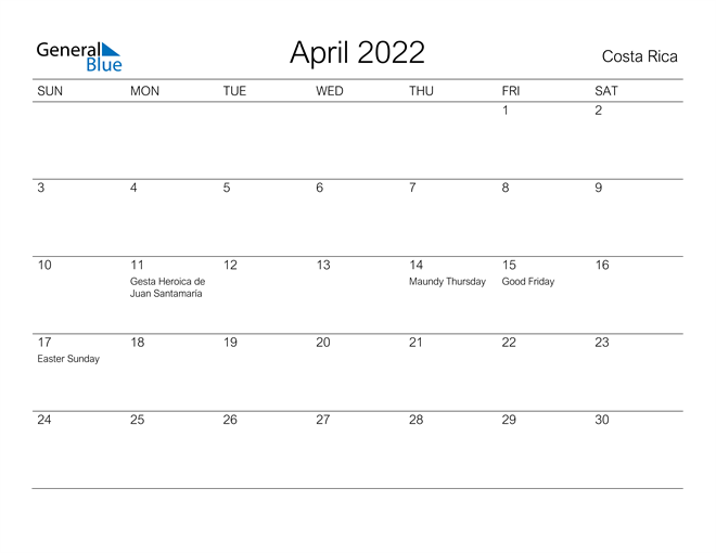 Printable April 2022 Calendar for Costa Rica