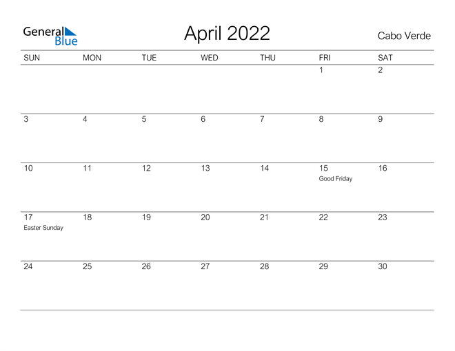 Printable April 2022 Calendar for Cabo Verde