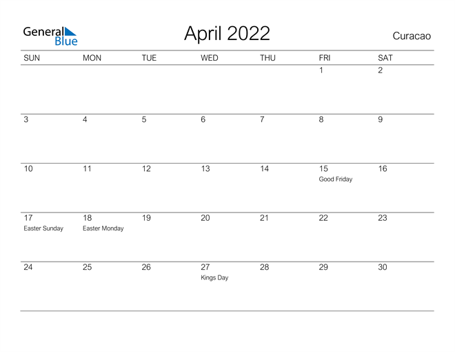 Printable April 2022 Calendar for Curacao