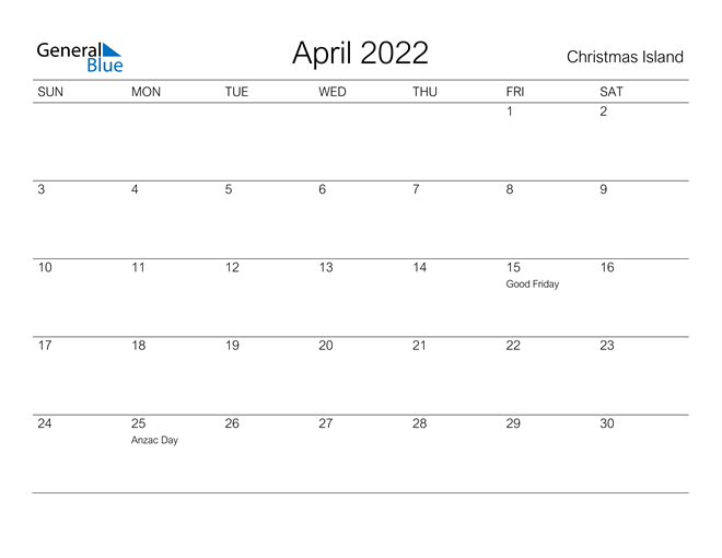 Printable April 2022 Calendar for Christmas Island