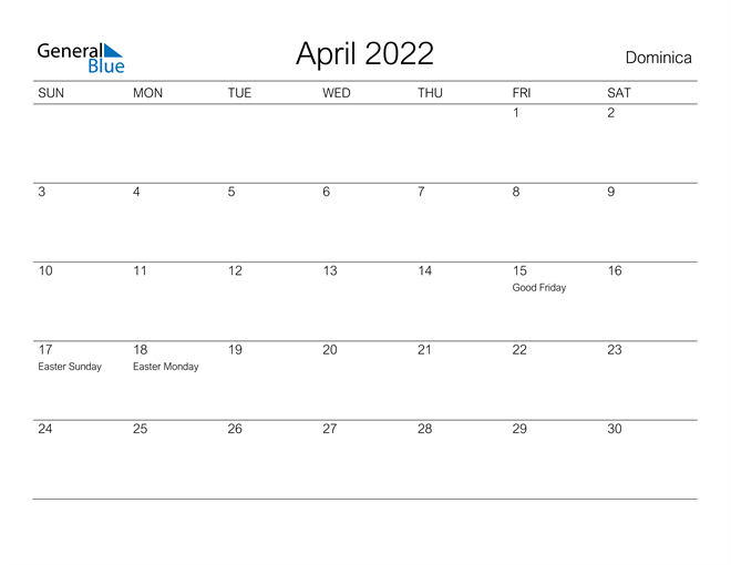 Printable April 2022 Calendar for Dominica