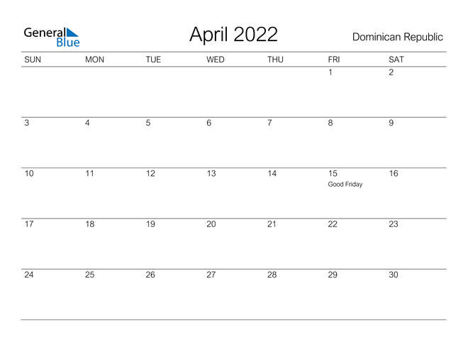 Printable April 2022 Calendar for Dominican Republic