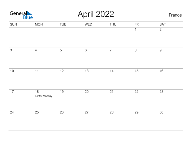Printable April 2022 Calendar for France