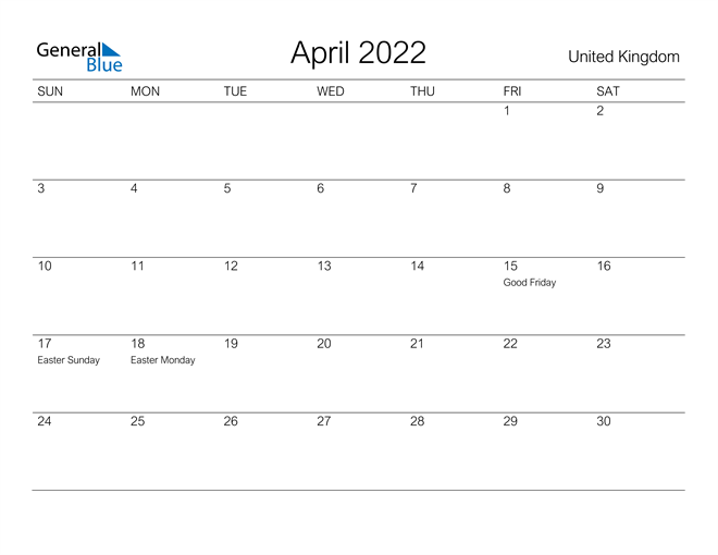 united kingdom april 2022 calendar with holidays