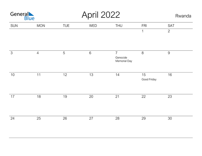 Printable April 2022 Calendar for Rwanda