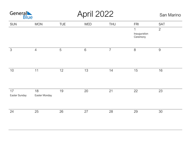 Printable April 2022 Calendar for San Marino