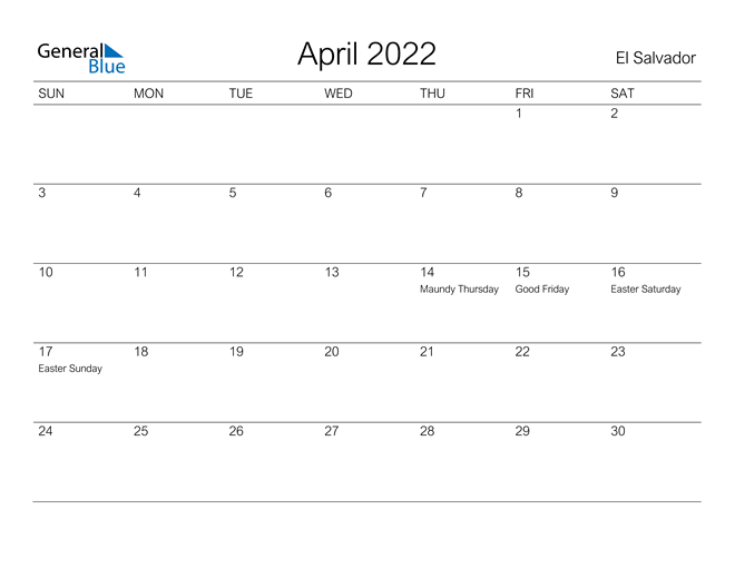 Printable April 2022 Calendar for El Salvador