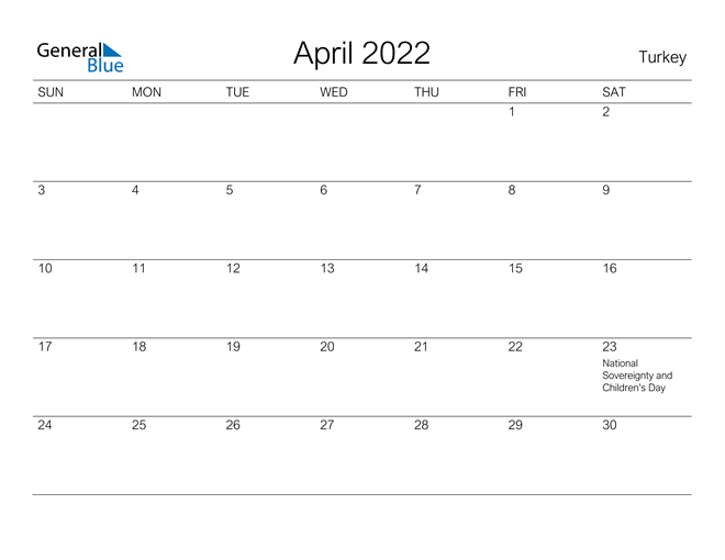 Printable April 2022 Calendar for Turkey