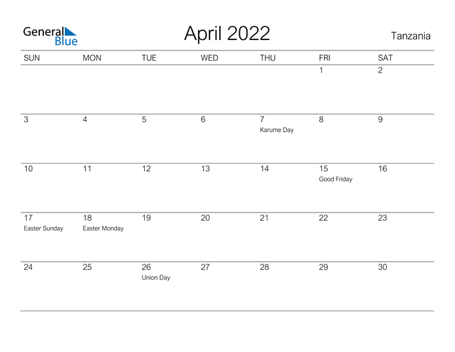 Printable April 2022 Calendar for Tanzania