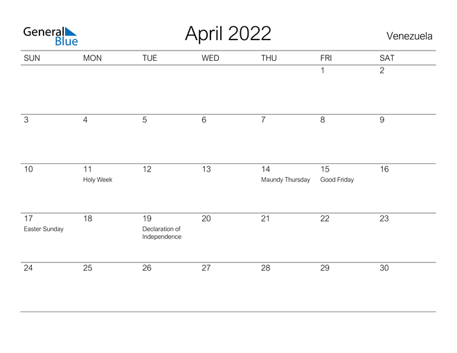 Printable April 2022 Calendar for Venezuela