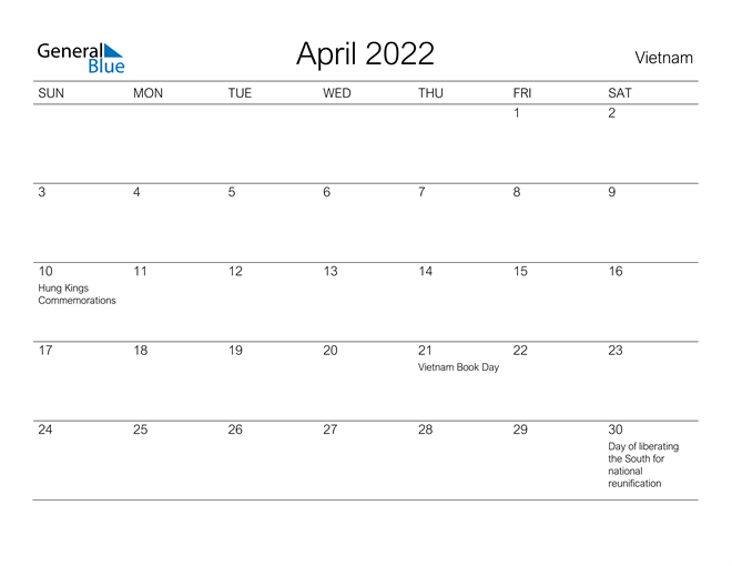 Printable April 2022 Calendar for Vietnam