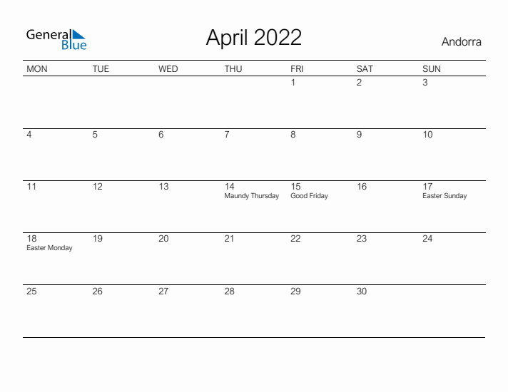 Printable April 2022 Calendar for Andorra