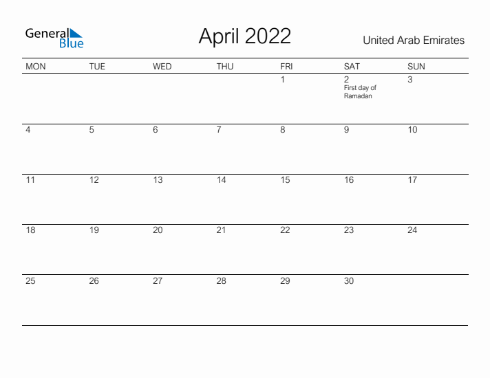 Printable April 2022 Calendar for United Arab Emirates