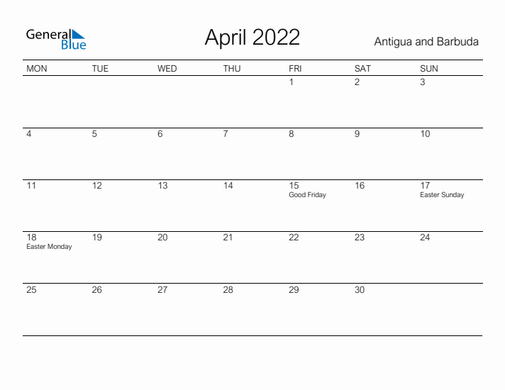 Printable April 2022 Calendar for Antigua and Barbuda