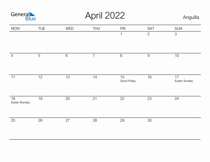 Printable April 2022 Calendar for Anguilla