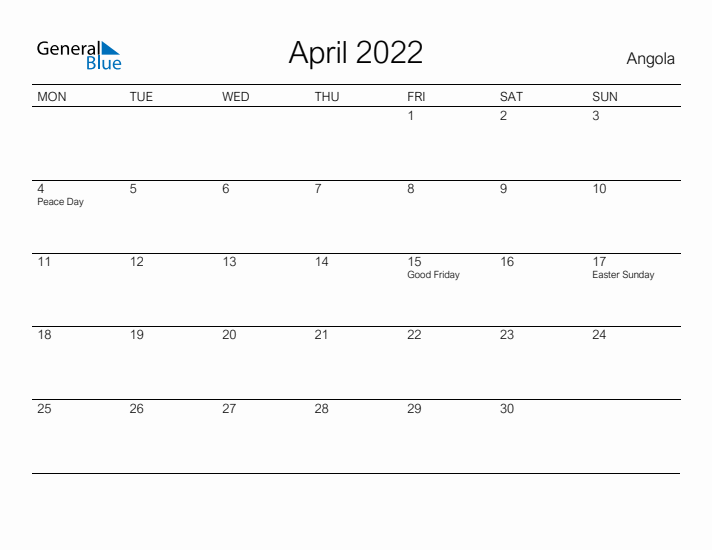 Printable April 2022 Calendar for Angola
