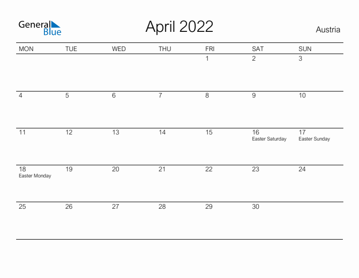 Printable April 2022 Calendar for Austria