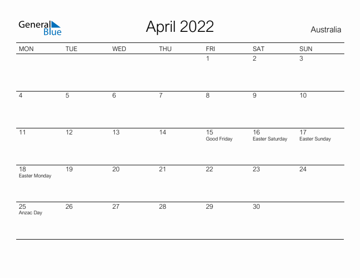 Printable April 2022 Calendar for Australia