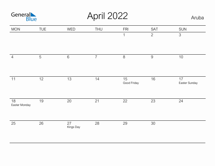 Printable April 2022 Calendar for Aruba