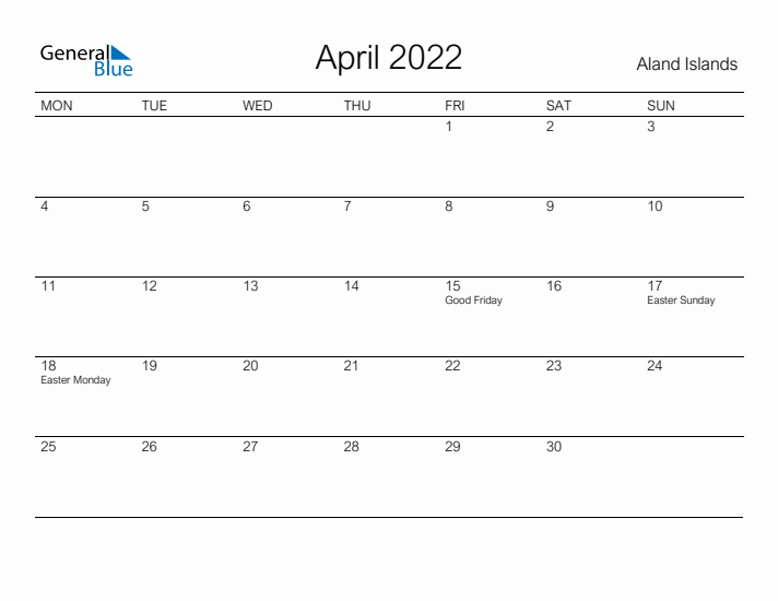 Printable April 2022 Calendar for Aland Islands
