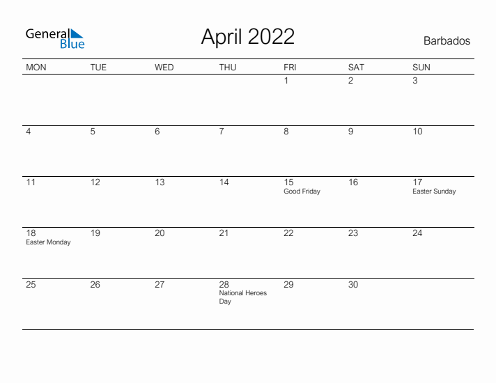 Printable April 2022 Calendar for Barbados