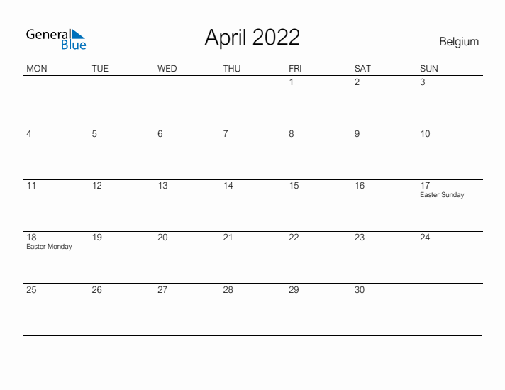 Printable April 2022 Calendar for Belgium