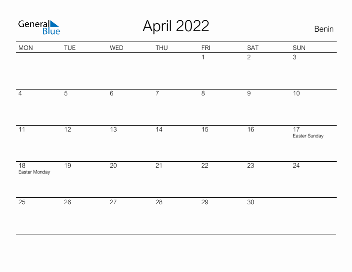Printable April 2022 Calendar for Benin