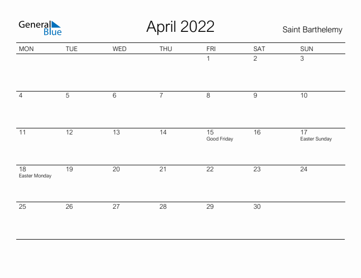 Printable April 2022 Calendar for Saint Barthelemy
