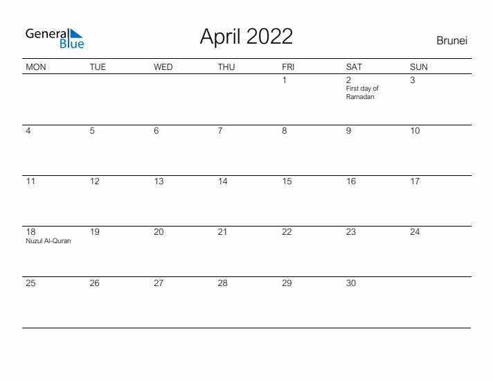 Printable April 2022 Calendar for Brunei