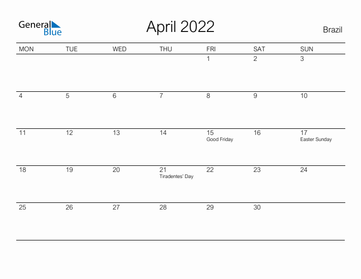 Printable April 2022 Calendar for Brazil