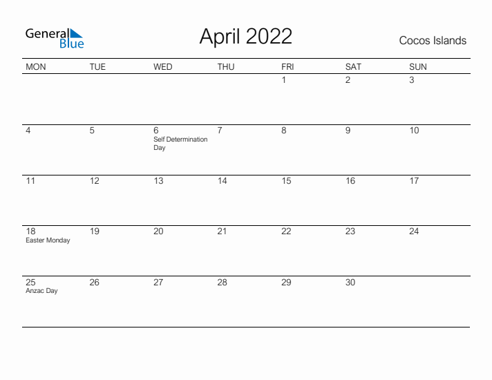 Printable April 2022 Calendar for Cocos Islands